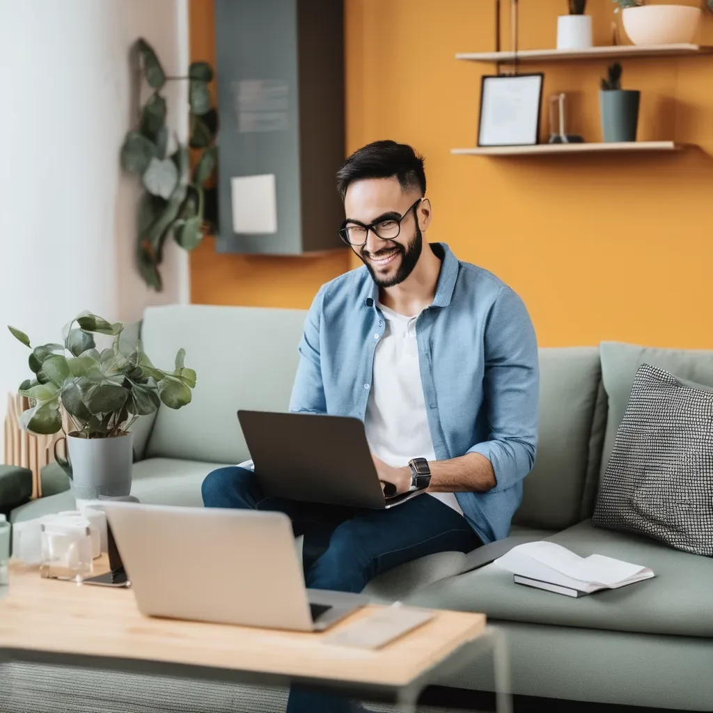 A customer sitting on a sofa making an appointment on their laptop