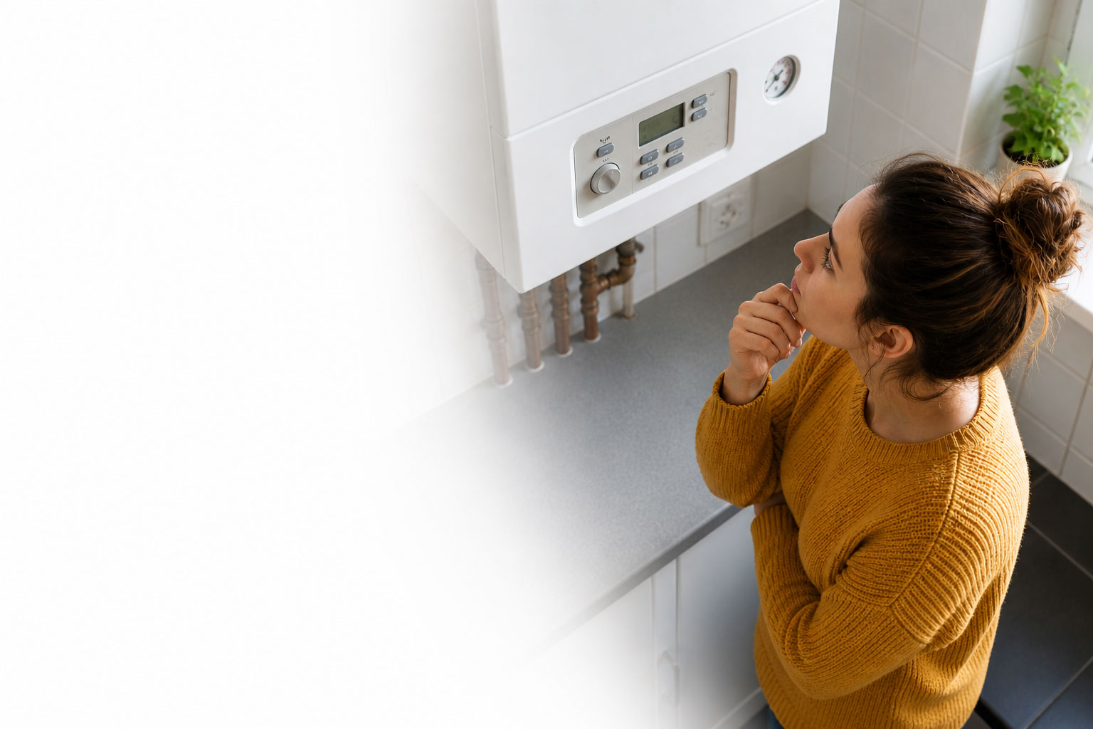 woman looking at a broken boiler in confusion